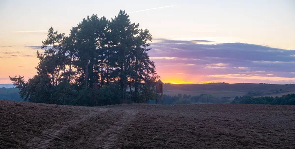 hunting tower on edge of forest with view of autumn field