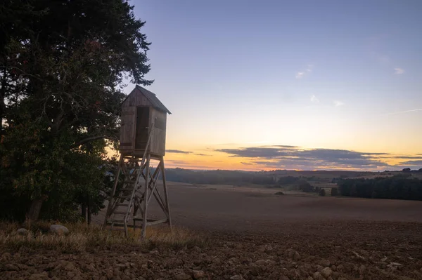 Tour Chasse Bordure Forêt Avec Vue Sur Champ Automne Coucher — Photo