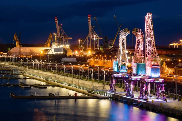 Szczecin Polen December 2018 Verlichte Oude Haven Kranen Boulevard Bij — Stockfoto