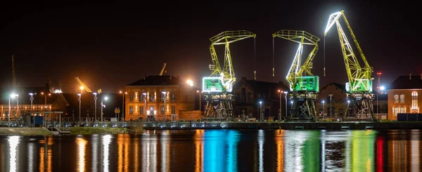 Szczecin Poland December 2018 Illuminated Old Port Cranes Boulevard Night — Stock Photo, Image