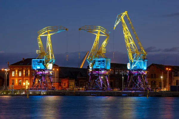 Szczecin Pologne Décembre 2018 Vieilles Grues Portuaires Éclairées Sur Boulevard — Photo