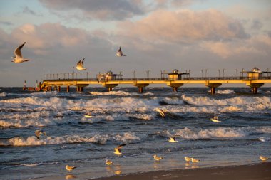 İskele fırtına sırasında doğal görünümü Baltık Denizi üzerinde