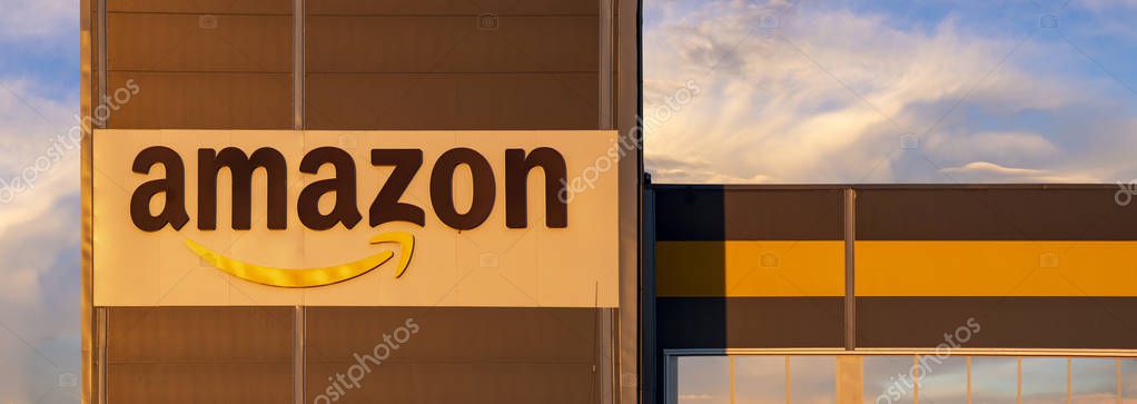 Szczecin, Poland - January: Amazon logo on facade of building logistics center