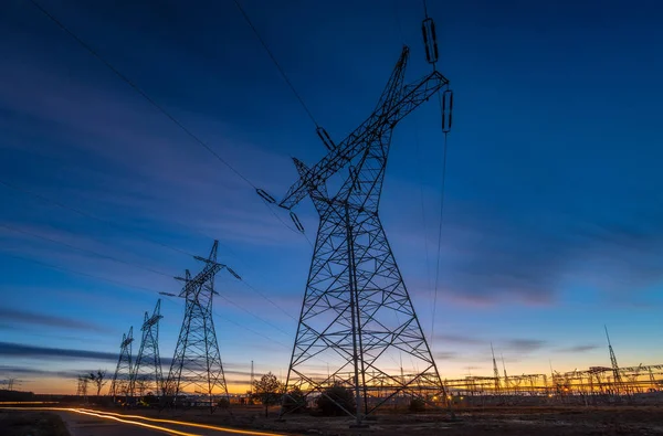 High Voltage Power Lines Sunset Electricity Distribution Station — Stock Photo, Image