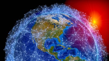 Küresel iletişim ağı uzayda Dünya gezegeninin etrafında yeniden .3d
