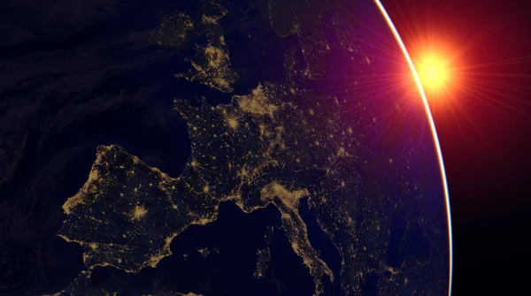 Soleil Levant Sur Europe Vue Depuis Satellite Éléments Cette Image — Photo
