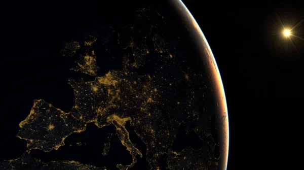 太阳从欧洲升起 从卫星上看到的景色 美国宇航局提供的这张图片的元素 — 图库照片