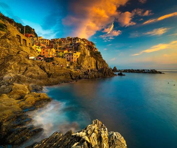 Pueblo Manarola Por Noche Costa Cinque Terre Italia Manarola Pequeño — Foto de Stock