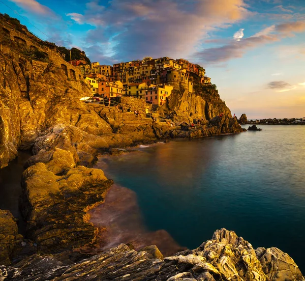 Manarola Village Night Cinque Terre Coast Italy Manarola Beautiful Small — Stock Photo, Image