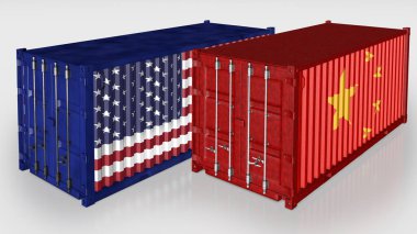 Amerika ve Çin bayrakları ile konteyner nakliye. 3D render