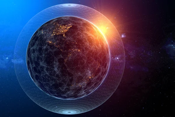 Koncepce globální sítě, vycházející slunce nad planety země — Stock fotografie