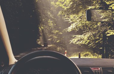 Bir orman yolda bir araba iç görünümünden vintage 