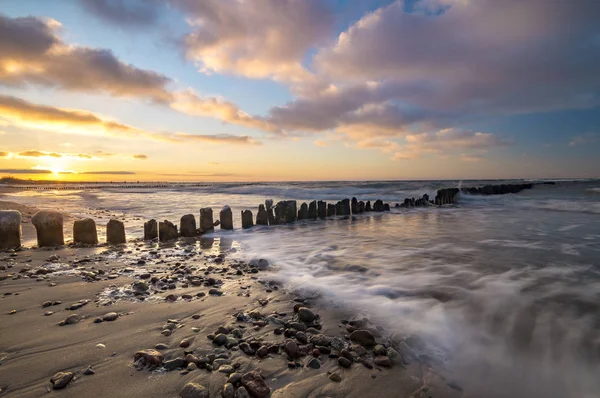 Pôr Sol Sobre Mar Báltico Inverno Miedzyzdroje Recurso Mar Báltico — Fotografia de Stock