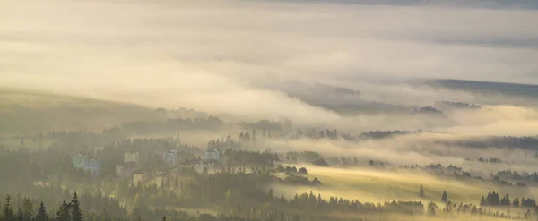 Fog in the morning, turning into a mountain valley in the tatras — Stock Photo, Image