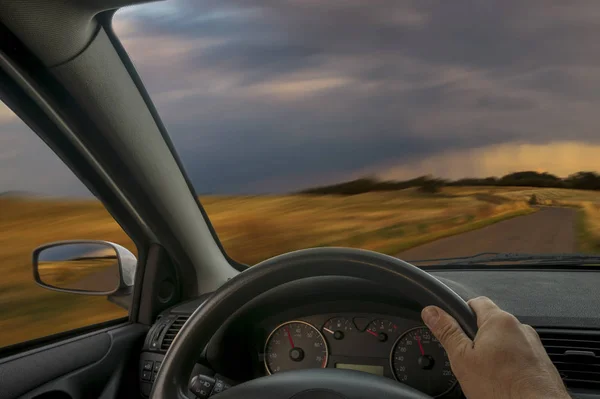 Une Vue Derrière Volant Une Voiture — Photo