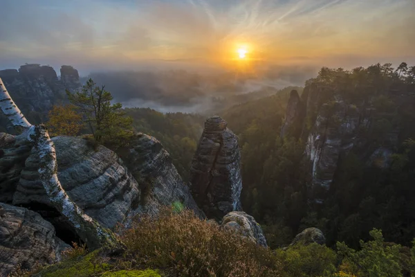 Wunderschöner, nebliger Sonnenaufgang im Sachsenpark, Blick vom — Stockfoto