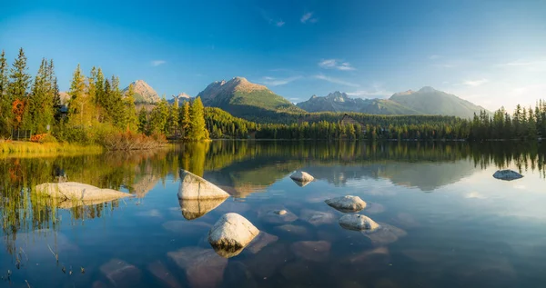 Panorama s vysokým rozlišením horského jezera Štrbské Pleso v Matrixu — Stock fotografie