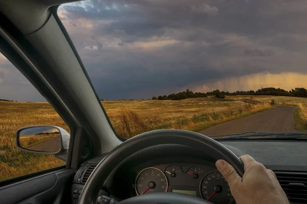 Vedeți Din Mașină Timp Conduceți Drum Asfalt — Fotografie, imagine de stoc