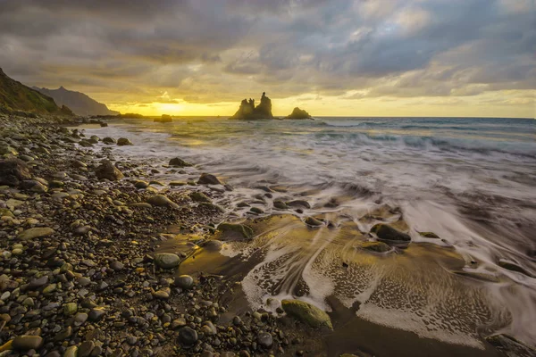 Solnedgång Över Atlanten Vilda Stranden Playa Benijo Teneriffa — Stockfoto