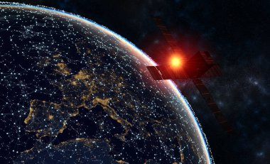 uydu üzerinden Europe küresel ağ kavramı, üzerinde yükselen güneş