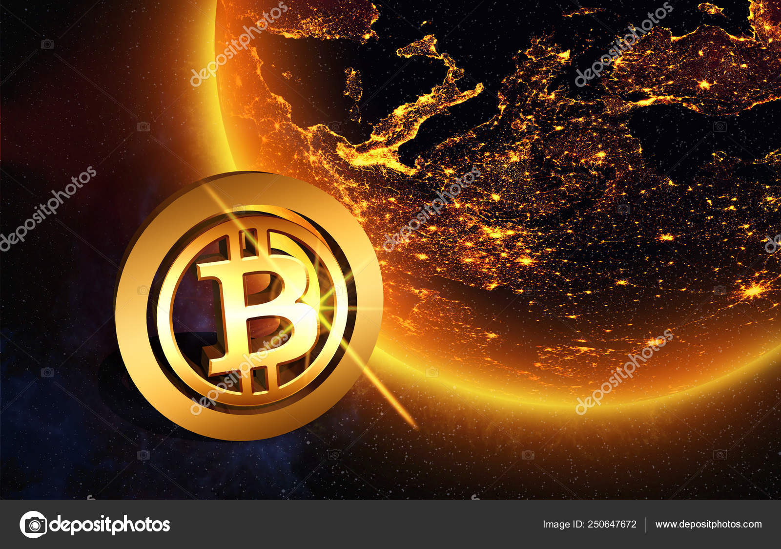 黄金货币标识空间中的比特币全球货币交易的理念—— 库存社论照片© MikeMareen #250647672