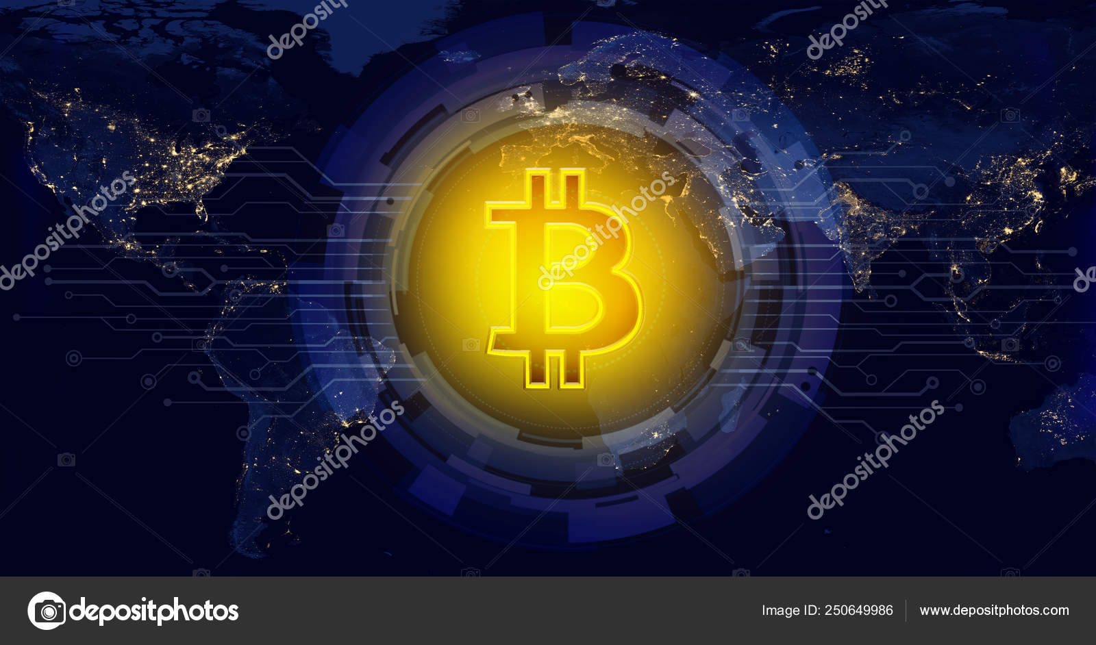 世界地图上的比特币数字货币全球货币流动网络的概念——图库图片© MikeMareen #250649986
