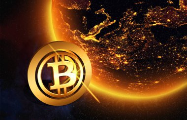 Altın para birimi logolar: uzayda - küresel Döviz ticareti fikri Bitcoin