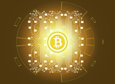 Bitcoin altın para fütüristik ağ iş kavramı dünya haritası üzerinde devre çizgili