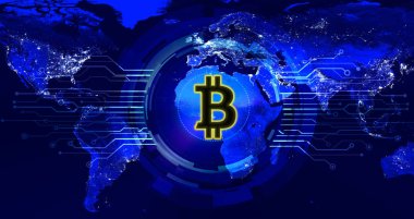 bitcoin dijital para Dünya Haritası, küresel para akışı ağ kavramı üzerinde