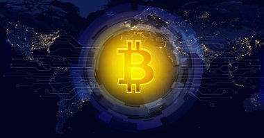 bitcoin dijital para Dünya Haritası, küresel para akışı ağ kavramı üzerinde