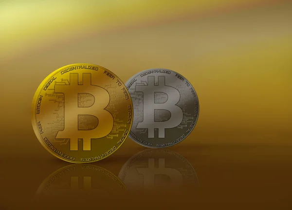 Scontro Monete Oro Argento Bitcoin Uno Sfondo Riflettente Delicatamente Illuminato — Foto Stock
