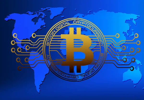 Abstracte Technologie Bitcoins Logo Met Circuit Lijn Wereld Kaart Blauwe — Stockfoto