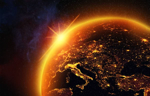 Vision Terre Dans Espace Lumière Soleil Levant Inonde Europe Une — Photo