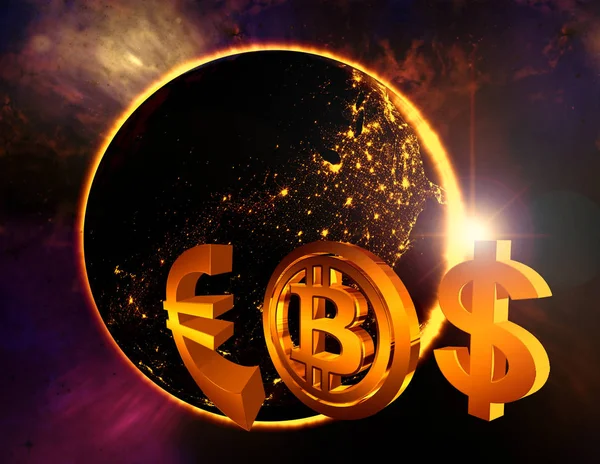 Golden Currency Logos Euro Dollar Bitcoin Space Idea Global Currency — Stock Photo, Image