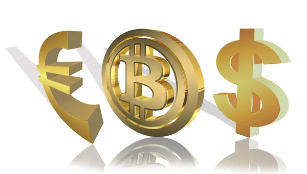 Euro Bitcoin Dolar Zlatý Loga Bílém Pozadí — Stock fotografie