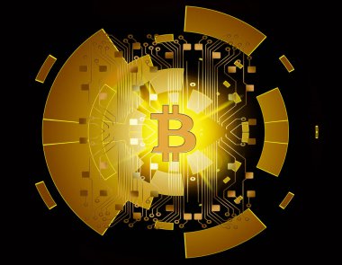 Bitcoin altın para fütüristik ağ iş kavramı dünya haritası üzerinde devre çizgili
