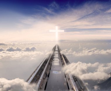 railway tracks leading among the clouds to the glowing cross clipart
