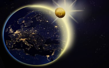 Dünya küre ve Bitcoin sembolü