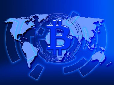 Dünya harita, mavi teknolojik altyapı devre hatta soyut teknoloji bitcoins logolu