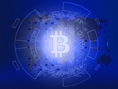 Dünya harita, mavi teknolojik altyapı devre hatta soyut teknoloji bitcoins logolu