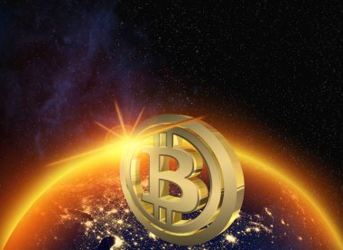 Altın Bitcoin logo dünya dünya üzerinde yükselen güneşin arka planı