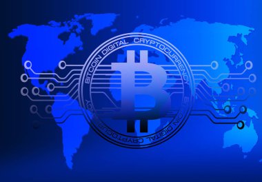 Dünya harita, mavi teknolojik altyapı devre hatta soyut teknoloji bitcoins logolu