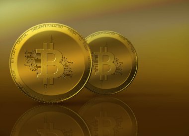İki altın bitcoins. Cryptocurrency kavramı üzerinde bir sanal, hassas arka plan yansıması ile
