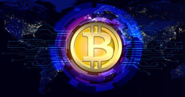 Bitcoin altın para fütüristik ağ iş kavramı dünya haritası üzerinde devre çizgili