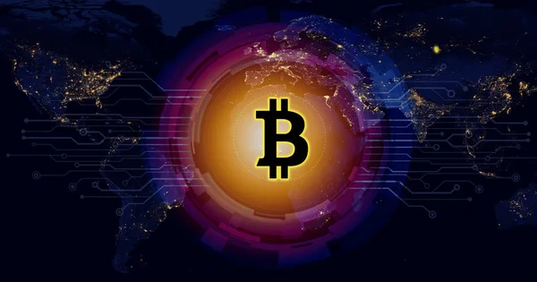 Valuta Digitale Bitcoin Sulla Mappa Del Mondo Concetto Rete Globale — Foto Stock
