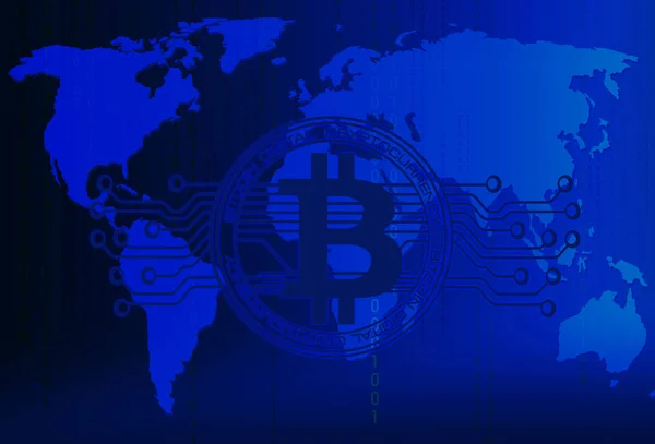 Abstract Technology Bitcoins Logo Circuit Line World Map Blue Technology — стоковое фото