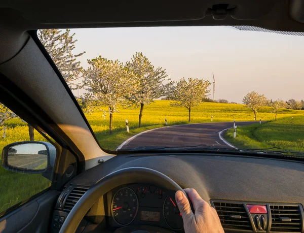 Șofer Spatele Volanului Conducere Drum Țară — Fotografie, imagine de stoc