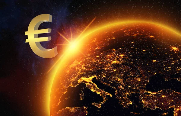 Euro eurocount logo in space, the sun sets over Europe