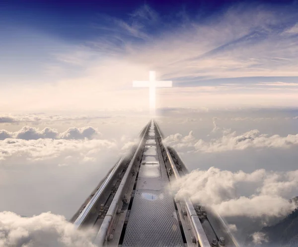 Railway Tracks Leading Clouds Glowing Cross — Stock Photo, Image