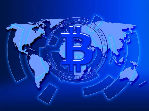 Αφηρημένη Τεχνολογία Bitcoins Λογότυπο Κύκλωμα Γραμμή Στον Παγκόσμιο Χάρτη Μπλε — Φωτογραφία Αρχείου